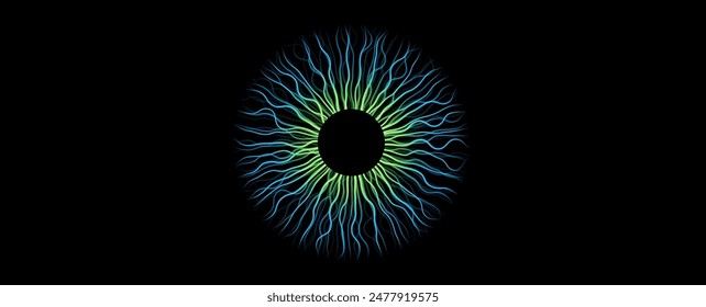 Iris creative poster. Human eye on black background. Teleport or magic portal. Controlling the diameter and size of the pupil. Colorful lens, concept of vision, futuristic lines vector illustration