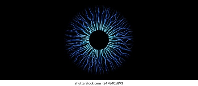 Iris creative poster. Human eye on black background. Teleport or magic portal. Controlling the diameter and size of the pupil. Colorful lens, concept of vision, futuristic lines vector illustration