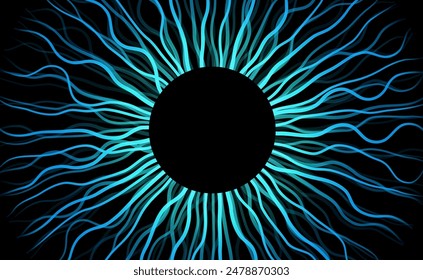 Iris creative poster. Human eye on black background. Teleport or magic portal. Controlling the diameter and size of the pupil. Colorful lens, concept of vision, futuristic lines vector illustration