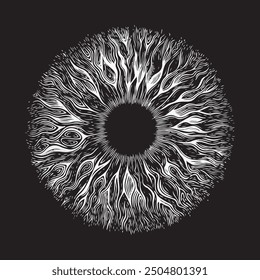 Iris creative poster. Human eye on black background. Teleport or magic portal. Controlling the diameter and size of the pupil. concept of vision,