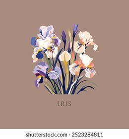 Íris. Fevereiro Flor mês de nascimento. Flores de nascimento vintage floral ilustrações, retro flor mercado poster. Impressão serigrafia retro groovy trippy psicodélico estilo de arte simples Silkscreen printi