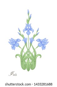 Iris, fleur-de-lis, flower-de-luce, flag color illustration In art nouveau style, vintage, old, retro style. Vector illustration.