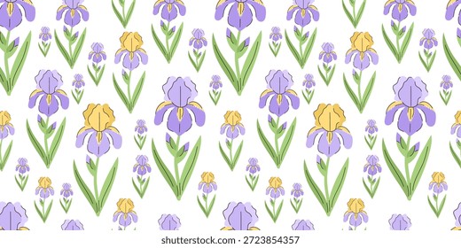 Padrão floral perfeita da íris com flores de primavera elegantes roxas e amarelas sobre fundo branco. Papel de parede botânico repetível com flores de jardim desenhadas à mão e folhas verdes frescas.