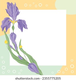 Plantilla floral Iris. Marco cuadrado con flor dibujada a mano. Para tarjetas, invitaciones, guardar las tarjetas de fecha