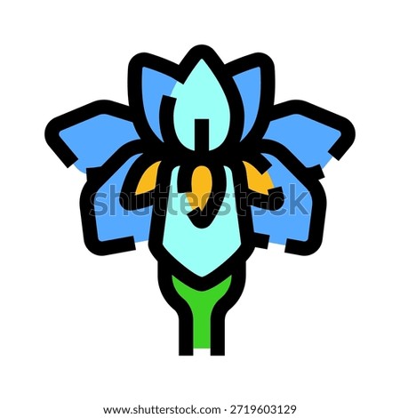 Iris flower with blue and yellow petals and a green stem on white background, fresh spring bloom symbolizing growth, natural beauty, elegance and botanical simplicity