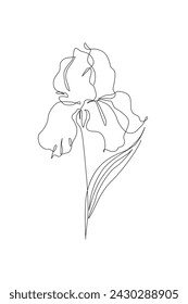 Iris flower in continuous line art drawing style. Iris flower black line sketch. Botanical linear design isolated on white background Hand drawn vector illustration for wedding poster, invitation card