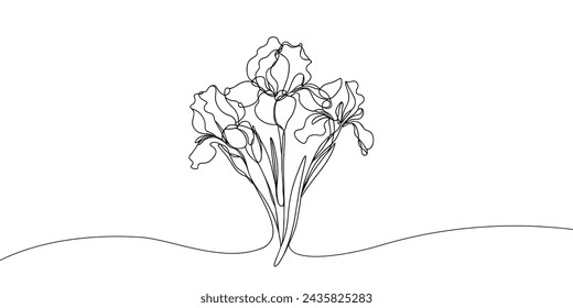 Iris flower in continuous line art drawing style. Iris flower black line sketch. Botanical linear design isolated on white background Hand drawn vector illustration.