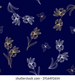 Iris flower drawing and butterflies on a blue background. Seamless, vector illustration. Vintage botanical elements. For decoration textile, packaging, cover.