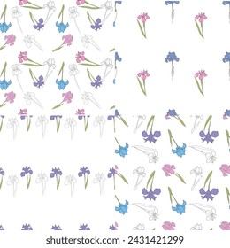 iris flower drawn in vector, postcard with a delicate flower. pattern with flowers, print for clothing and fabric