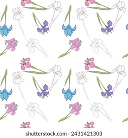 iris flower drawn in vector, postcard with a delicate flower. pattern with flowers, print for clothing and fabric