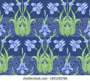 Iris flower, fleur-de-lis, flower-de-luce, flag. Seamless pattern, background. Colored vector illustration. In art nouveau style, vintage, old, retro style In blue and green colors.	