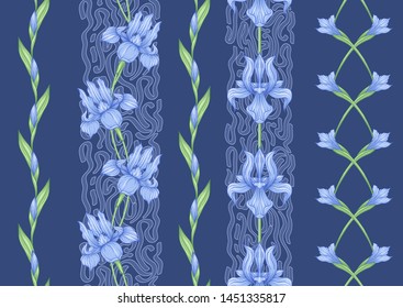 Iris flower, fleur-de-lis, flower-de-luce, flag. Seamless pattern, background. Colored vector illustration. In art nouveau style, vintage, old, retro style In blue and green colors.	