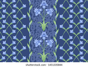 Iris flower, fleur-de-lis, flower-de-luce, flag. Seamless pattern, background. Colored vector illustration. In art nouveau style, vintage, old, retro style In blue and green colors.	