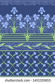 Iris flower, fleur-de-lis, flower-de-luce, flag. Seamless pattern, background. Colored vector illustration. In art nouveau style, vintage, old, retro style In blue and green colors.	