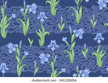 Iris flower, fleur-de-lis, flower-de-luce, flag. Seamless pattern, background. Colored vector illustration. In art nouveau style, vintage, old, retro style In blue and green colors.	