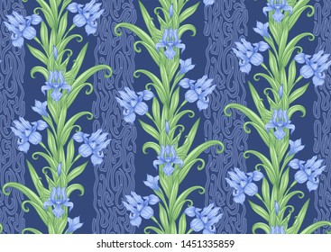 Iris flower, fleur-de-lis, flower-de-luce, flag. Seamless pattern, background. Colored vector illustration. In art nouveau style, vintage, old, retro style In blue and green colors.	