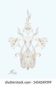 Iris flower, fleur-de-lis, flower-de-luce, flag. Element for design. In art nouveau style, vintage, old, retro style. In botanical style In vintage blue and beige colors.	