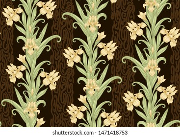 Iris flower, fleur-de-lis, flower-de-luce, flag. Seamless pattern, background. Colored vector illustration. In art nouveau style, vintage, old, retro style In yellow and chocolate brown colors.	