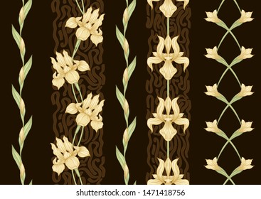 Iris flower, fleur-de-lis, flower-de-luce, flag. Seamless pattern, background. Colored vector illustration. In art nouveau style, vintage, old, retro style In yellow and chocolate brown colors.	