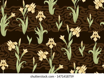 Iris flower, fleur-de-lis, flower-de-luce, flag. Seamless pattern, background. Colored vector illustration. In art nouveau style, vintage, old, retro style In yellow and chocolate brown colors.	