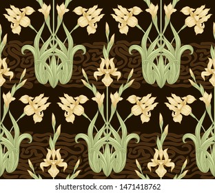 Iris flower, fleur-de-lis, flower-de-luce, flag. Seamless pattern, background. Colored vector illustration. In art nouveau style, vintage, old, retro style In yellow and chocolate brown colors.	