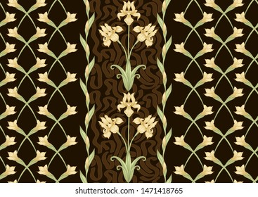 Iris flower, fleur-de-lis, flower-de-luce, flag. Seamless pattern, background. Colored vector illustration. In art nouveau style, vintage, old, retro style In yellow and chocolate brown colors.	