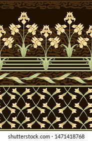 Iris flower, fleur-de-lis, flower-de-luce, flag. Seamless pattern, background. Colored vector illustration. In art nouveau style, vintage, old, retro style In yellow and chocolate brown colors.	