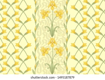 Iris flower, fleur-de-lis, flower-de-luce, flag. Seamless pattern, background. Colored vector illustration. In art nouveau style, vintage, old, retro style In soft cream yellow colors.	