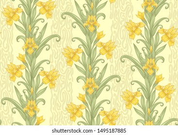 Iris flower, fleur-de-lis, flower-de-luce, flag. Seamless pattern, background. Colored vector illustration. In art nouveau style, vintage, old, retro style In soft cream yellow colors.	