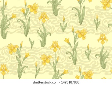 Iris flower, fleur-de-lis, flower-de-luce, flag. Seamless pattern, background. Colored vector illustration. In art nouveau style, vintage, old, retro style In soft cream yellow colors.	