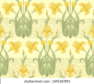 Iris flower, fleur-de-lis, flower-de-luce, flag. Seamless pattern, background. Colored vector illustration. In art nouveau style, vintage, old, retro style In soft cream yellow colors.	