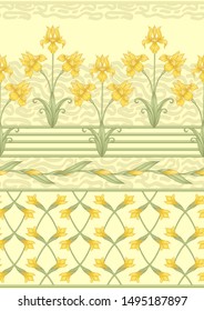 Iris flower, fleur-de-lis, flower-de-luce, flag. Seamless pattern, background. Colored vector illustration. In art nouveau style, vintage, old, retro style In soft cream yellow colors.	