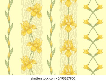 Iris flower, fleur-de-lis, flower-de-luce, flag. Seamless pattern, background. Colored vector illustration. In art nouveau style, vintage, old, retro style In soft cream yellow colors.	