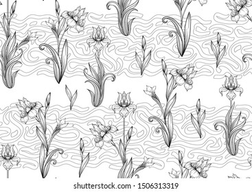 Iris flower, fleur-de-lis, flower-de-luce, flag. Seamless pattern, background. Outline hand drawing vector illustration. In art nouveau style, vintage, old, retro style. In botanical style	