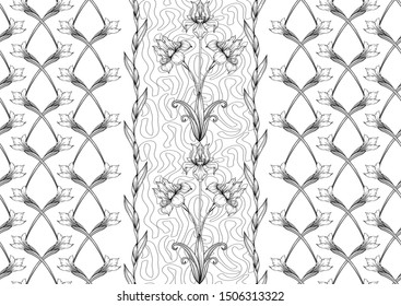 Iris flower, fleur-de-lis, flower-de-luce, flag. Seamless pattern, background. Outline hand drawing vector illustration. In art nouveau style, vintage, old, retro style. In botanical style	