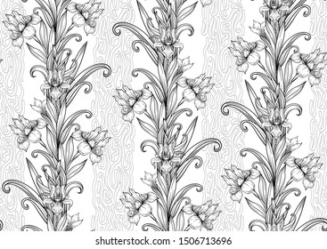 Iris flower, fleur-de-lis, flower-de-luce, flag. Seamless pattern, background. Outline hand drawing vector illustration. In art nouveau style, vintage, old, retro style. In botanical style	