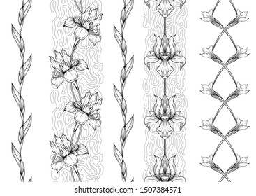 Iris flower, fleur-de-lis, flower-de-luce, flag. Seamless pattern, background. Outline hand drawing vector illustration. In art nouveau style, vintage, old, retro style. In botanical style	