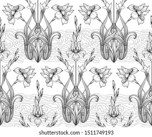 Iris flower, fleur-de-lis, flower-de-luce, flag. Seamless pattern, background. Outline hand drawing vector illustration. In art nouveau style, vintage, old, retro style. In botanical style	