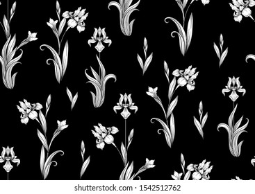 Iris flower, fleur-de-lis, flower-de-luce, flag. Seamless pattern, background. Black and white graphics. Vector illustration. In art nouveau style, vintage, old, retro style. In botanical style.