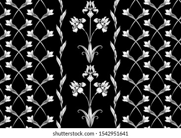 Iris flower, fleur-de-lis, flower-de-luce, flag. Seamless pattern, background. Black and white graphics. Vector illustration. In art nouveau style, vintage, old, retro style. In botanical style.