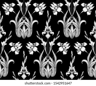 Iris flower, fleur-de-lis, flower-de-luce, flag. Seamless pattern, background. Black and white graphics. Vector illustration. In art nouveau style, vintage, old, retro style. In botanical style.