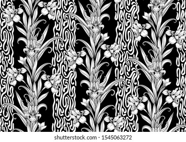 Iris flower, fleur-de-lis, flower-de-luce, flag. Seamless pattern, background. Black and white graphics. Vector illustration. In art nouveau style, vintage, old, retro style. In botanical style.