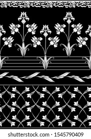 Iris flower, fleur-de-lis, flower-de-luce, flag. Seamless pattern, background. Black and white graphics. Vector illustration. In art nouveau style, vintage, old, retro style. In botanical style.