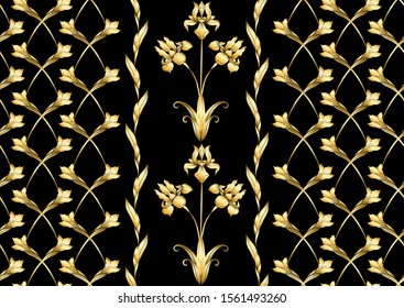 Irisblume, Fleur-de-lis, Blume-de-luce, Flagge. Nahtloses Muster, Hintergrund. Vektorgrafik. Im Art Nouveau Stil, Vintage, alt, Retro-Stil. Im botanischen Stil In Gold und Schwarz.