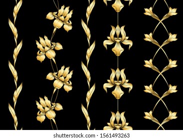 Iris flower, fleur-de-lis, flower-de-luce, flag. Seamless pattern, background. Vector illustration. In art nouveau style, vintage, old, retro style. In botanical style In gold and black..