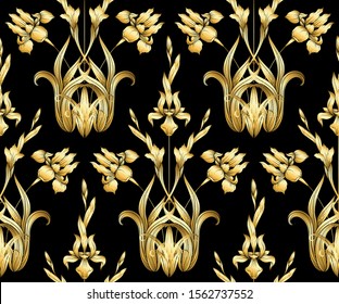 Irisblume, Fleur-de-lis, Blume-de-luce, Flagge. Nahtloses Muster, Hintergrund. Vektorgrafik. Im Art Nouveau Stil, Vintage, alt, Retro-Stil. Im botanischen Stil In Gold und Schwarz.