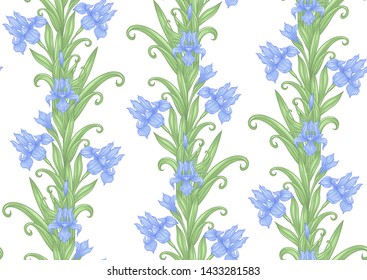 Iris flower, fleur-de-lis. Seamless pattern, background. Colored vector illustration. In art nouveau style, vintage, old, retro style. In blue and green colors. Isolated on white background.	