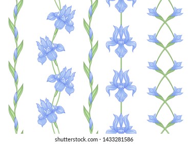 Iris flower, fleur-de-lis. Seamless pattern, background. Colored vector illustration. In art nouveau style, vintage, old, retro style. In blue and green colors. Isolated on white background.	