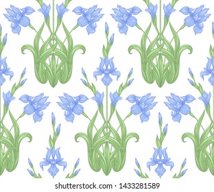 Iris flower, fleur-de-lis. Seamless pattern, background. Colored vector illustration. In art nouveau style, vintage, old, retro style. In blue and green colors. Isolated on white background.	