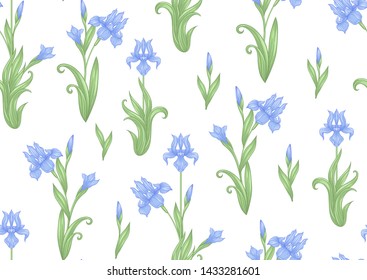 Iris flower, fleur-de-lis. Seamless pattern, background. Colored vector illustration. In art nouveau style, vintage, old, retro style. In blue and green colors. Isolated on white background.	